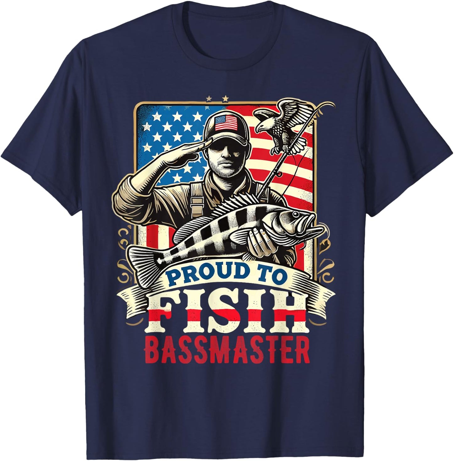 Proud to Fish Bassmaster Patriotic Design T-Shirt - T-Shirt | Navy