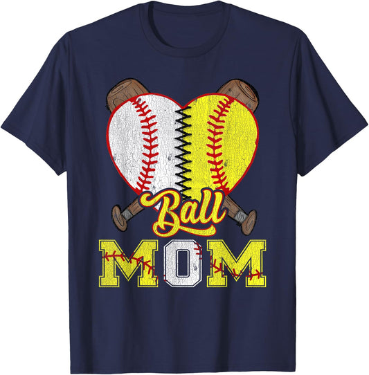 Mom Of Both Ball Mom Half Softball Half Baseball T-Shirt - T-Shirt | Navy