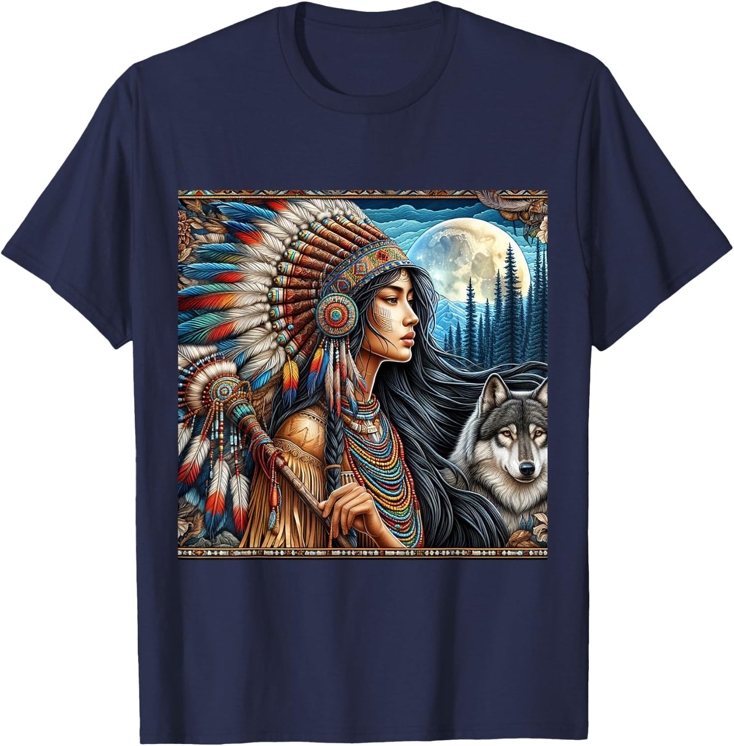 Indian Native American Woman with White Wolf Vintage Gifts T-Shirt - T-Shirt | Navy