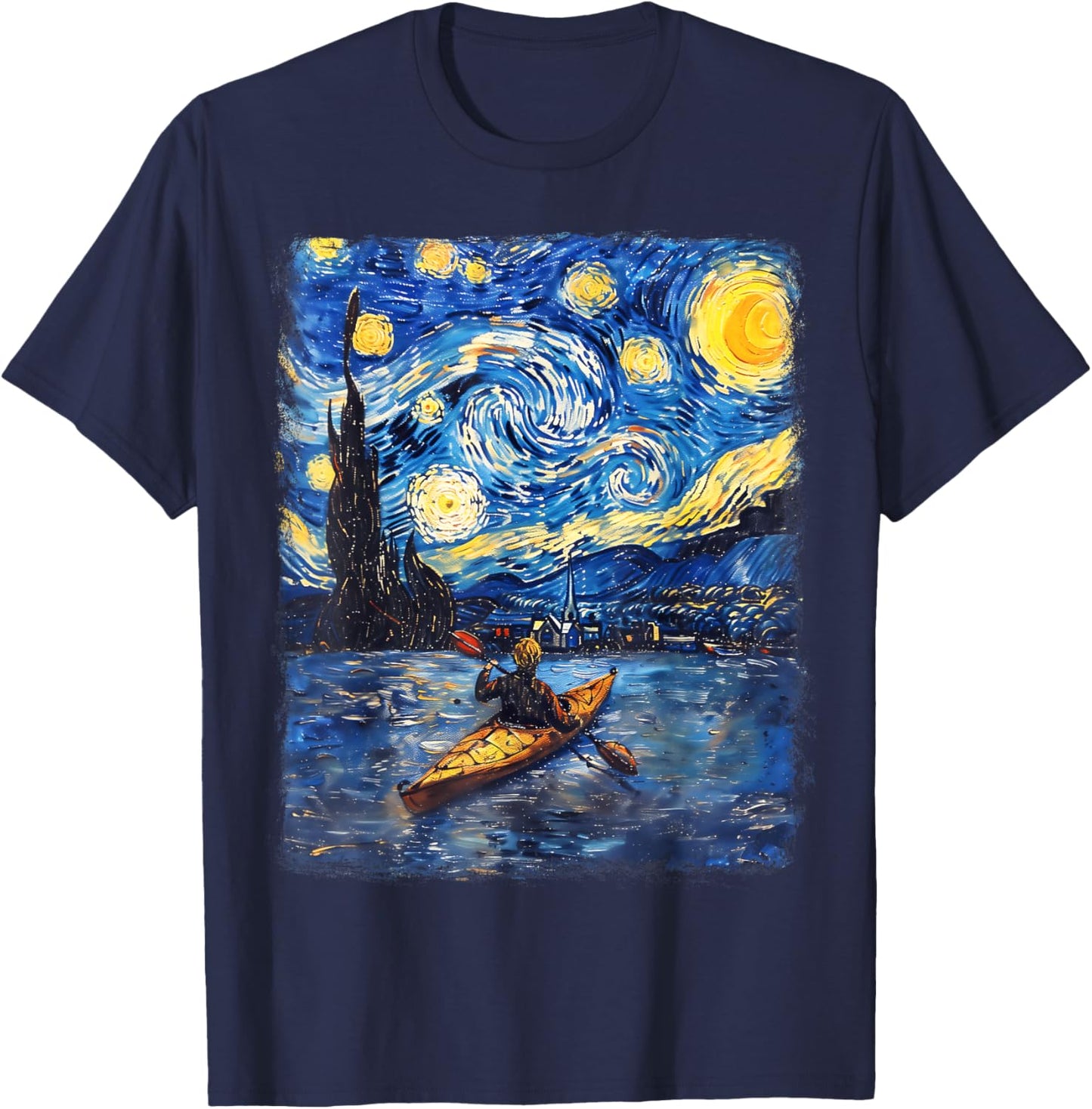 Kayaking Kayak Kayaker Starry Night Painting T-Shirt - T-Shirt | Navy