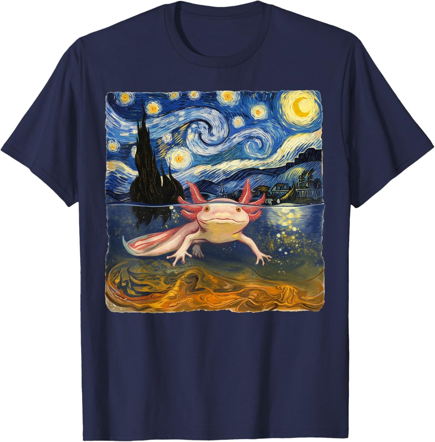 Axolotl Starry Night Van Gogh Funny Gifts Women Kid T-Shirt - T-Shirt | Navy