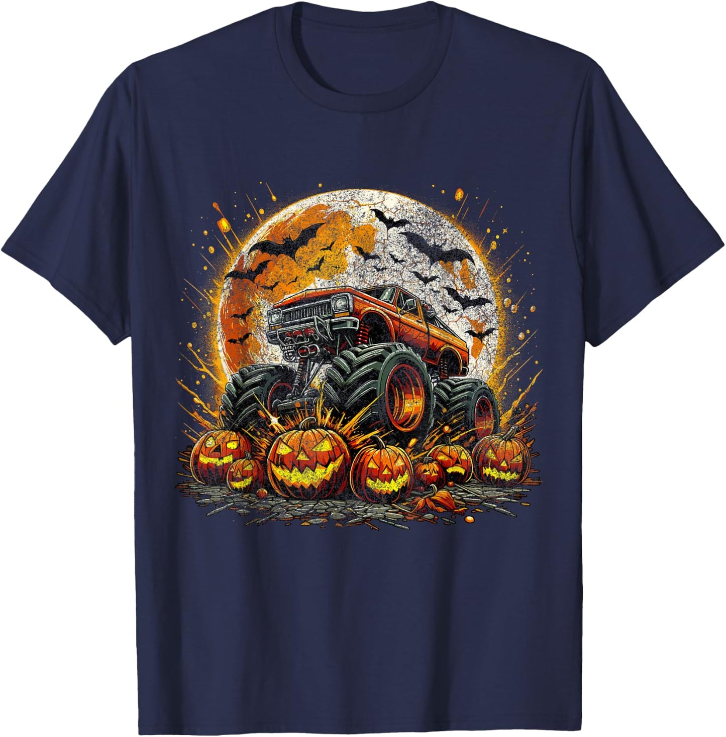 Monster Truck Pumpkin Halloween Jack O Lantern Moon T-Shirt - T-Shirt | Navy