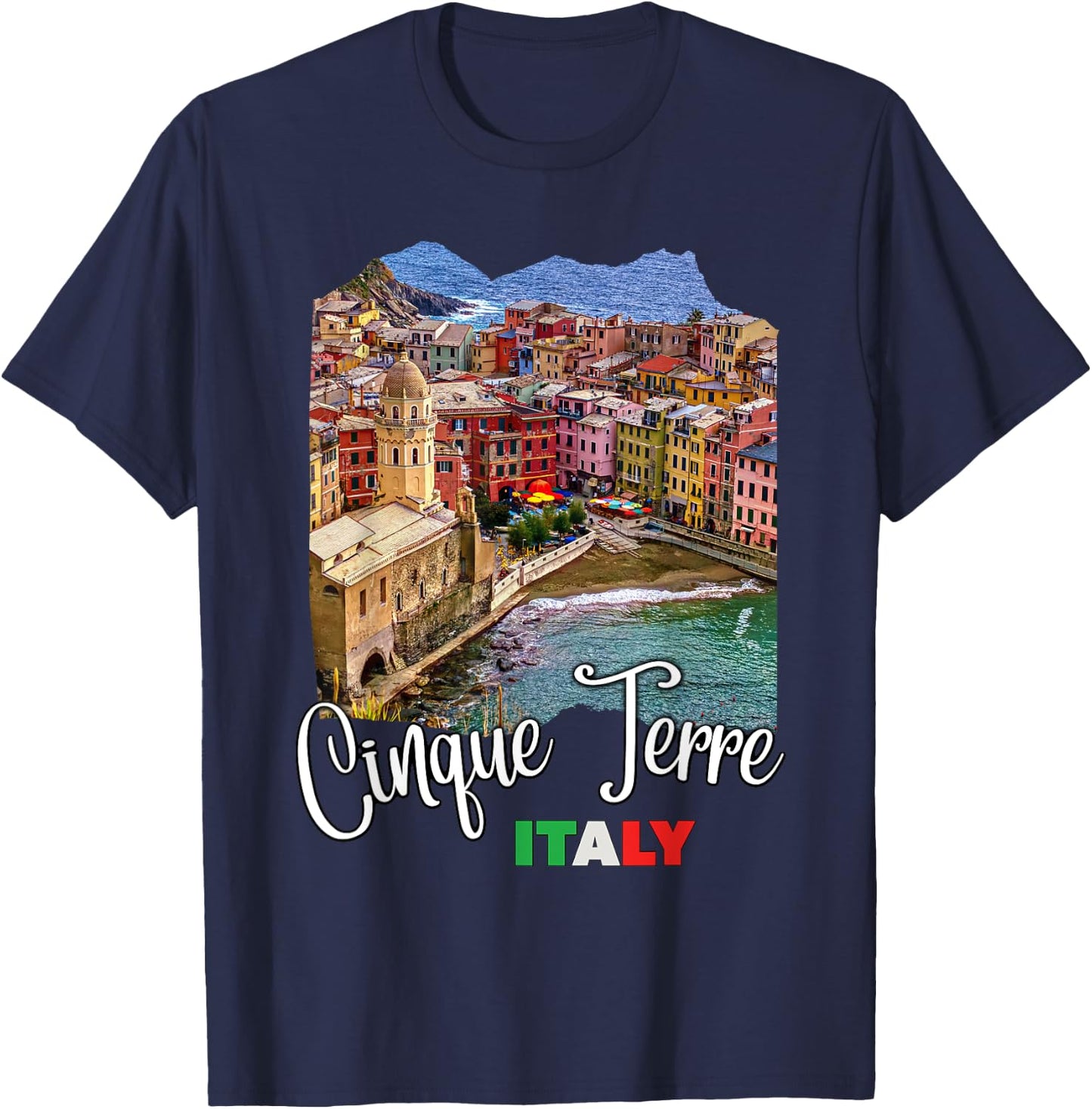 Cinque Terre Italy Souvenirs Cinque Terre Aerial View , -Adults, Black, Small, Short Sleeve T-Shirt - T-Shirt | Navy