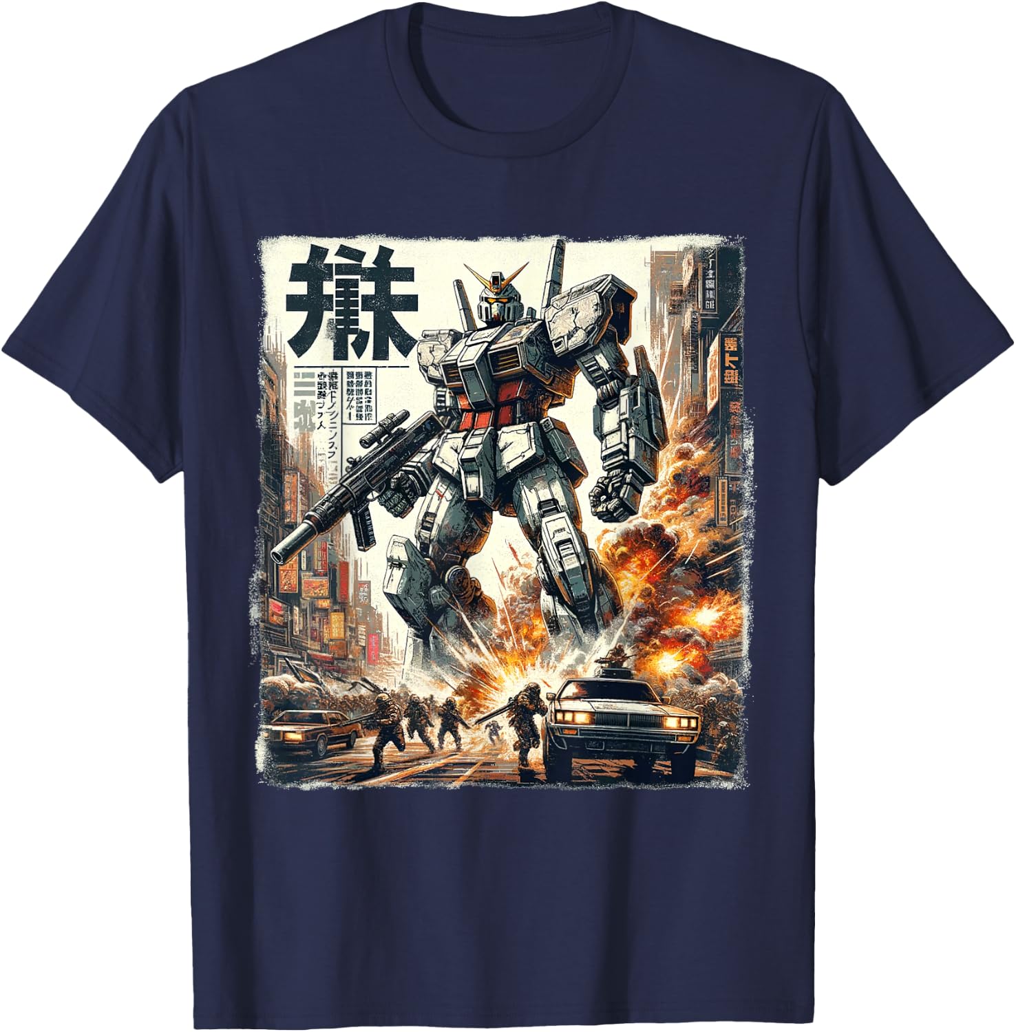 Mech Assault Futuristic Urban Warfare Japanese Battle Art T-Shirt - T-Shirt | Navy