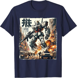 Mech Assault Futuristic Urban Warfare Japanese Battle Art T-Shirt - T-Shirt | Navy