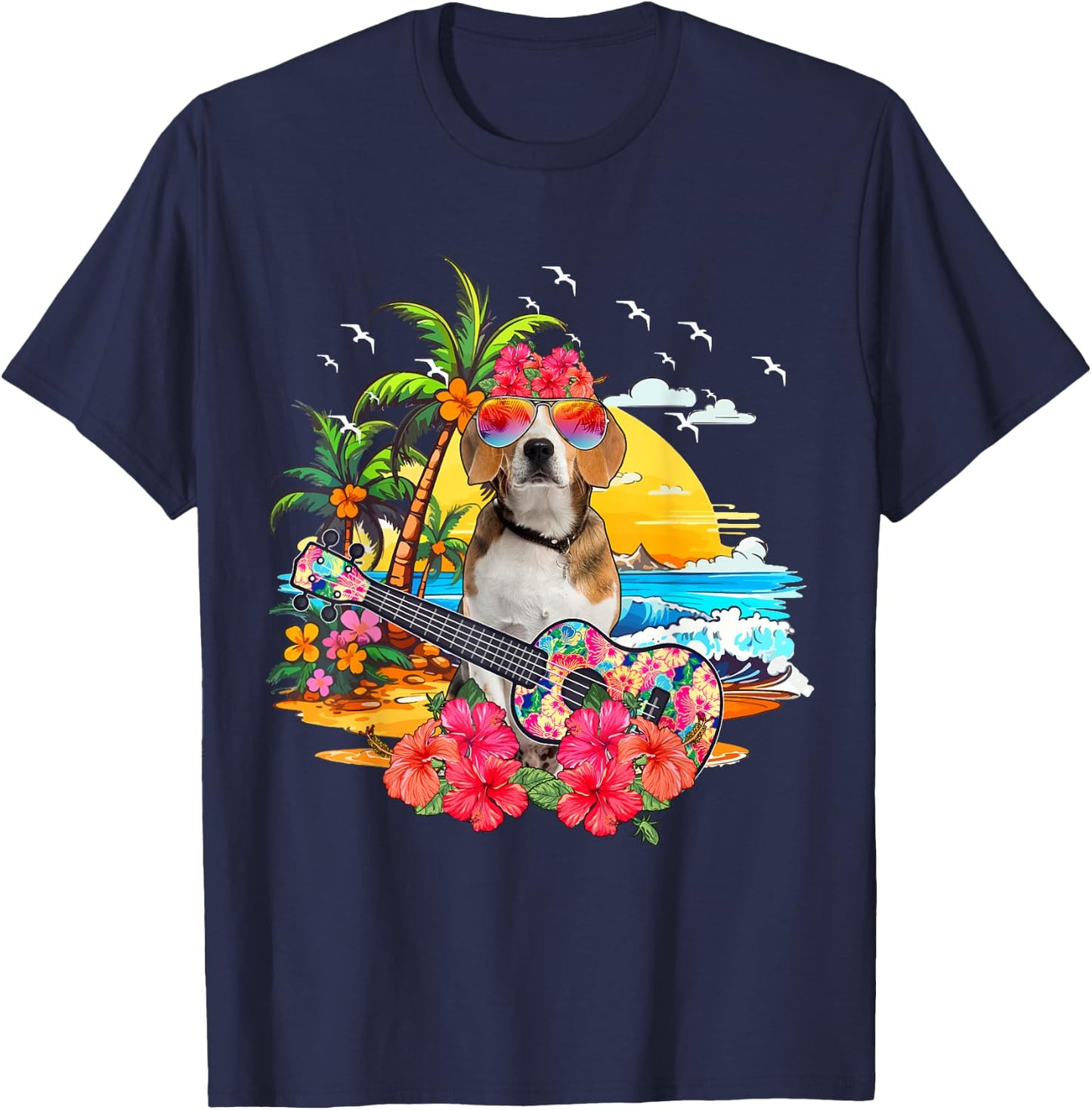 Hawaiian Floral Beagle Sunglasses Playing Guitar On Beach T-Shirt - T-Shirt | Navy
