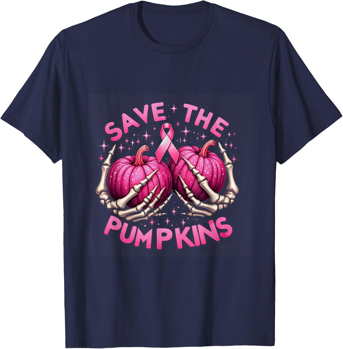 Skeleton Halloween Save The Pumpkins Breast Cancer Awareness T-Shirt - T-Shirt | Navy