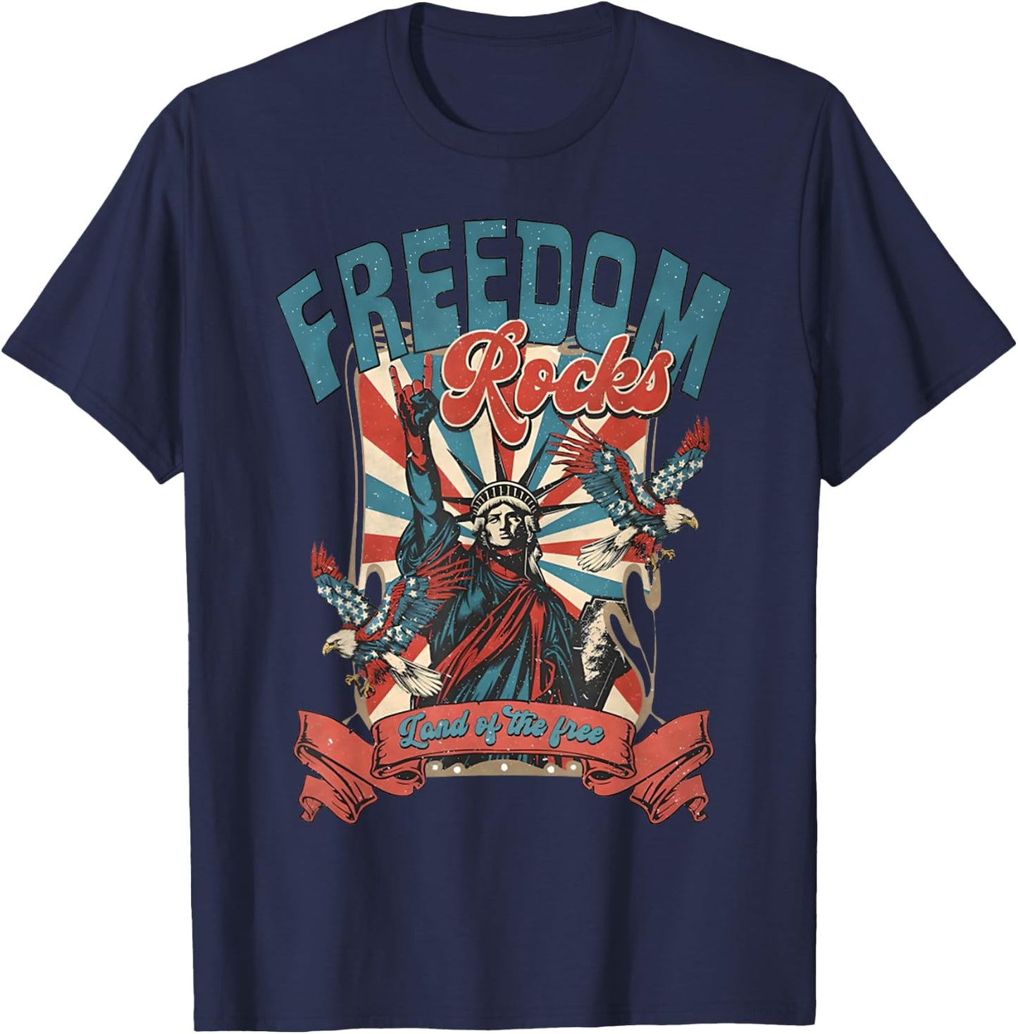 Freedom Rocks July 4th Rock On Patriotic Statue Of Liberty Kids Men T-Shirt - T-Shirt | Navy