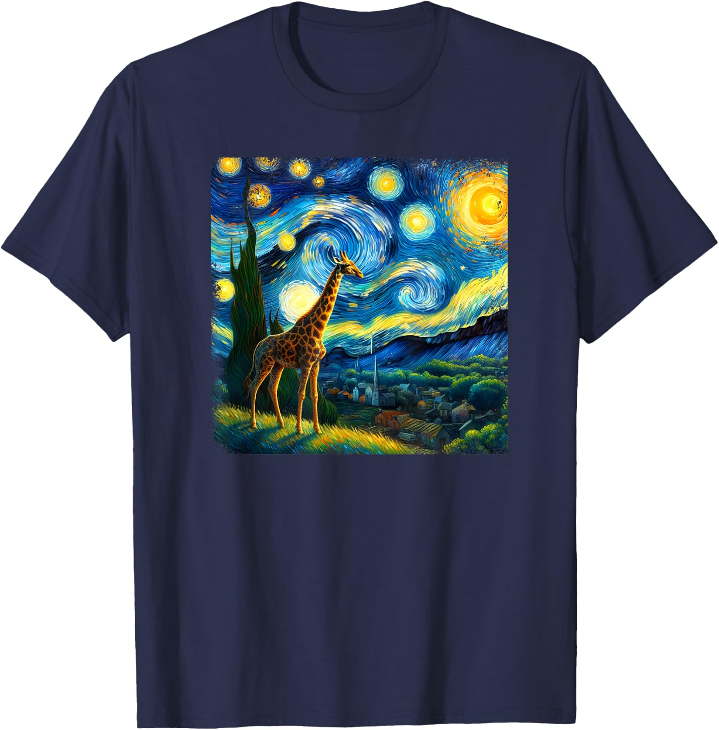 Giraffe Starry Night Van Gogh Painting Giraffe Lover T-Shirt - T-Shirt | Navy