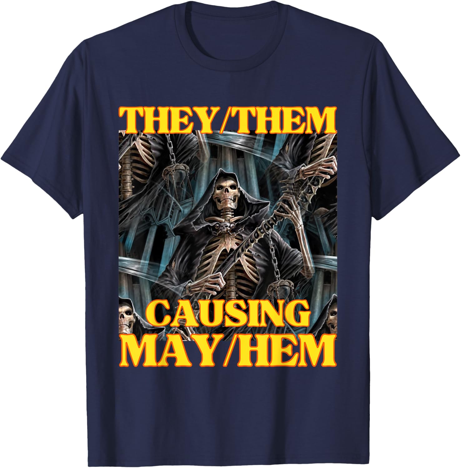 They Them Mayhem Funny Cringe Hard Skeleton Meme T-Shirt - T-Shirt | Navy