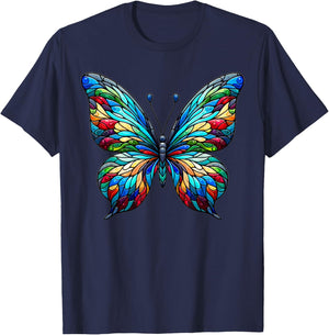 Stained Glass Window Butterfly Art T-Shirt - T-Shirt | Navy