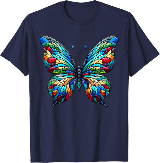 Stained Glass Window Butterfly Art T-Shirt - T-Shirt | Navy