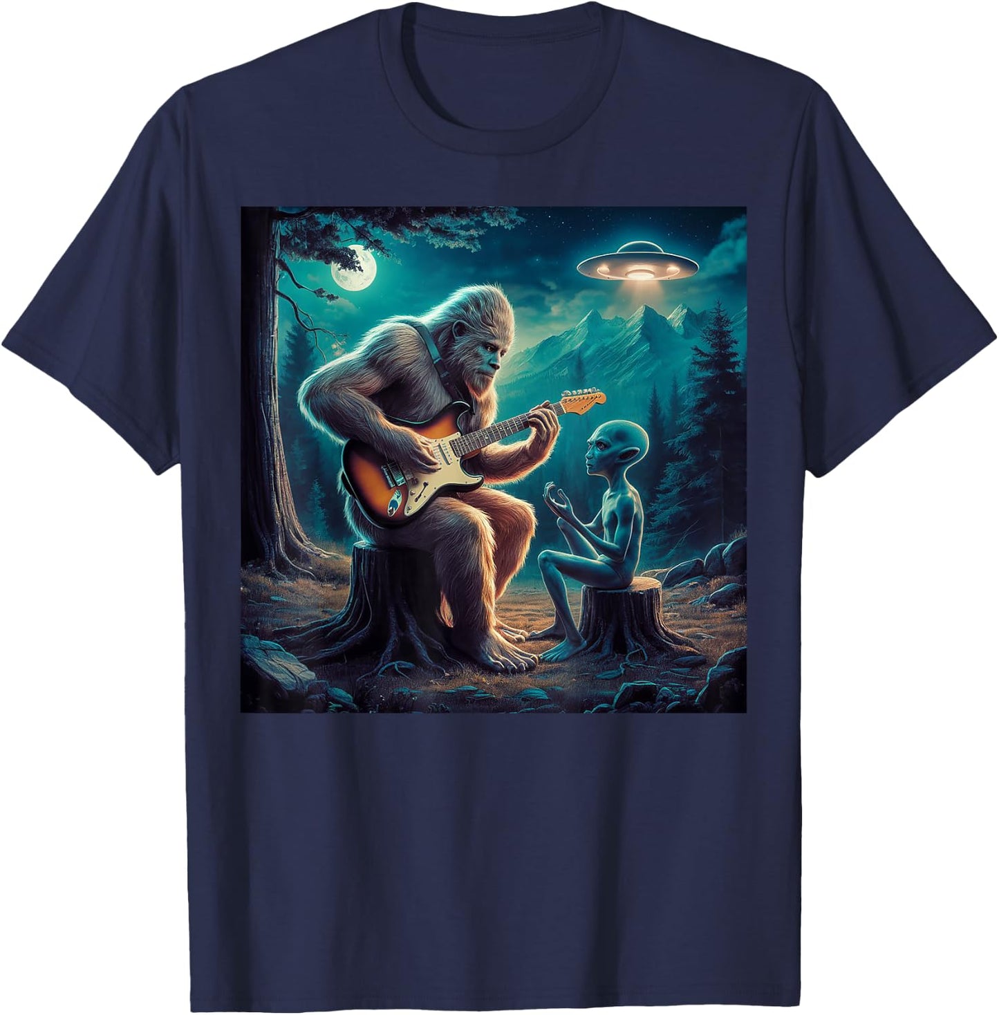 Alien Bigfoot Guitar Sasquatch UFO Gifts , Women, Kid T-Shirt - T-Shirt | Navy