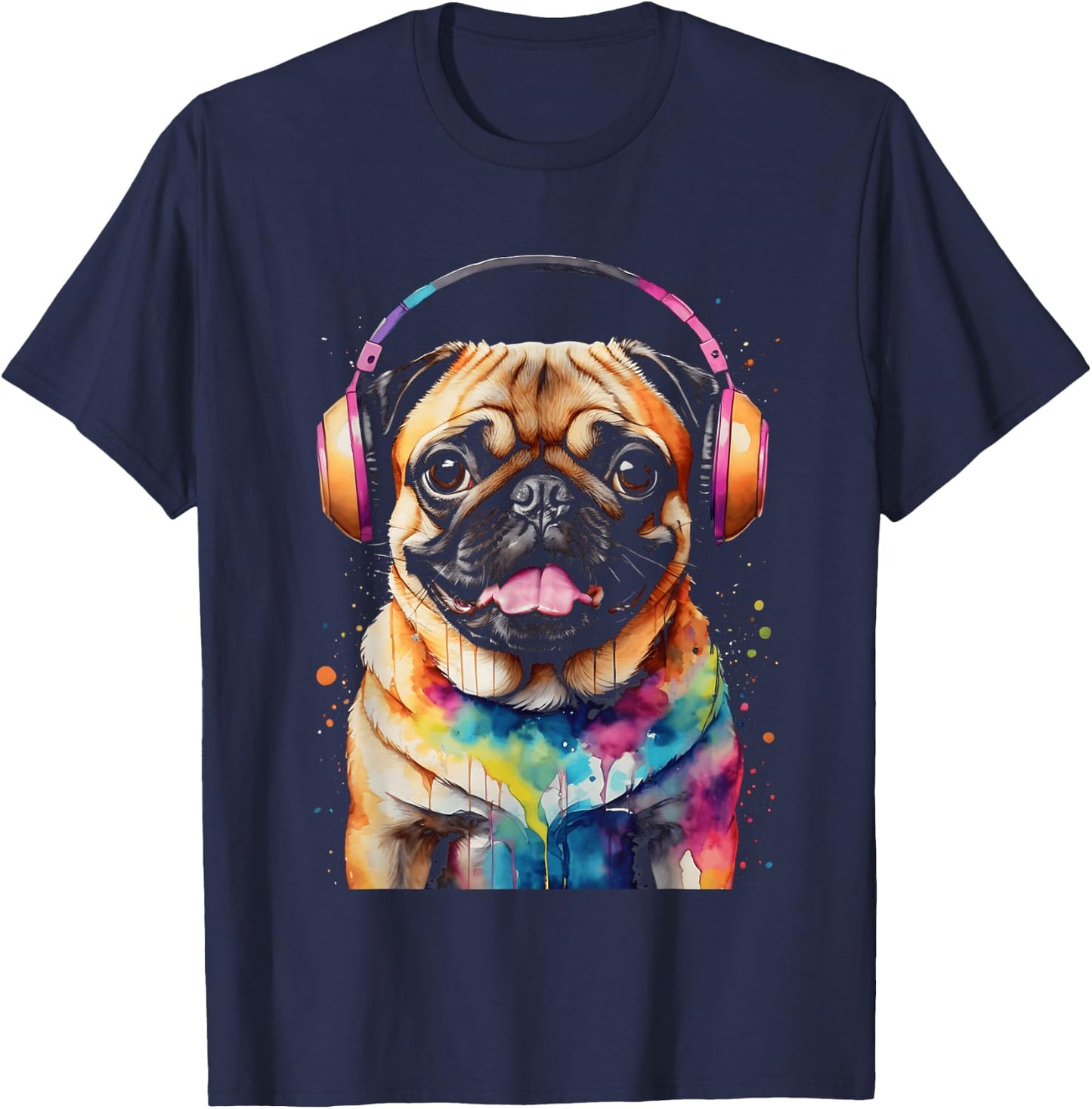Pug Headphones Dog Colorful Funny Animal Art Print Graphic Men Women Kids T-Shirt - T-Shirt | Navy