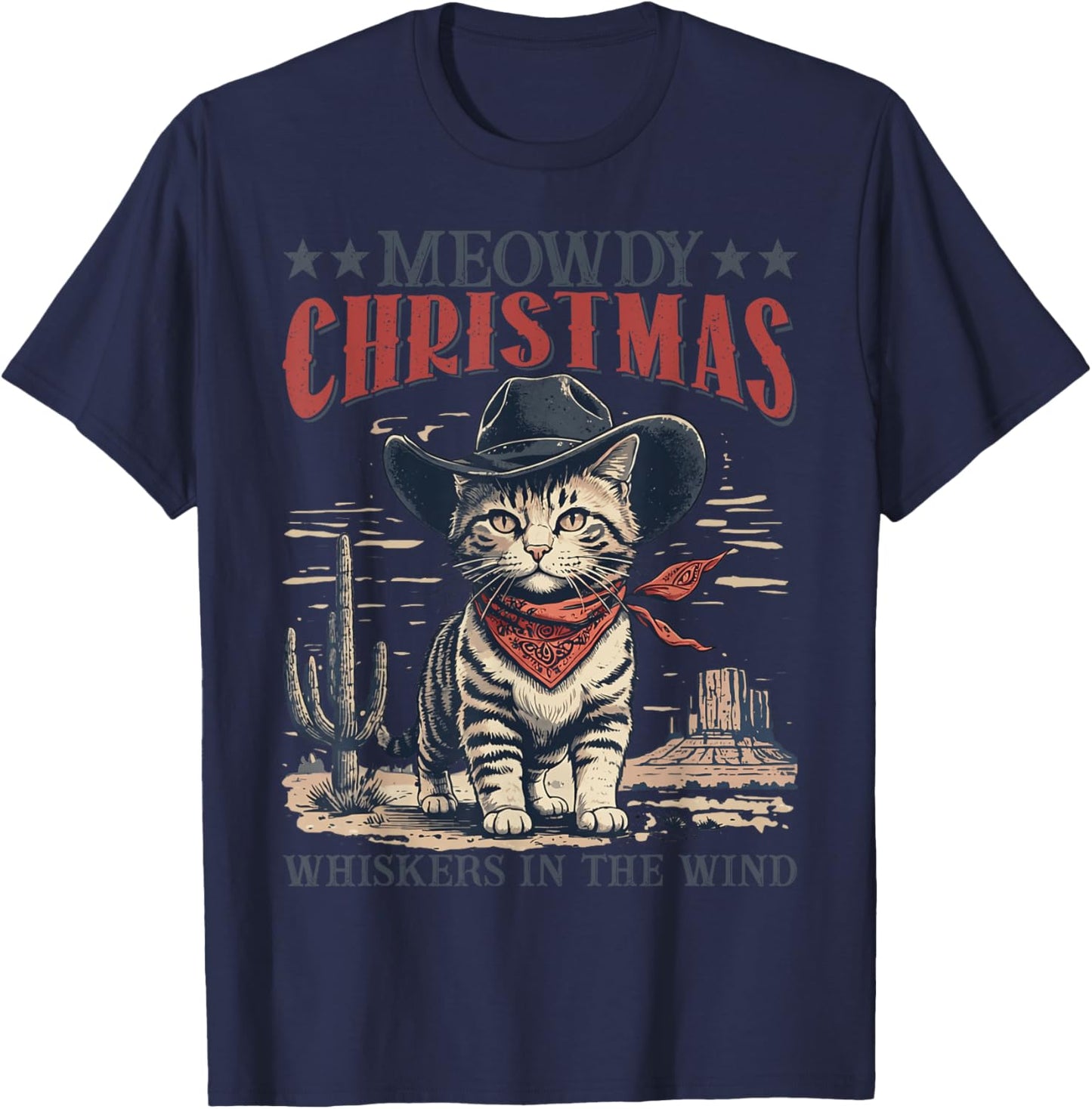 Meowdy Partner Cowboy Cat Christmas Vintage Cowboy Cat Santa T-Shirt - T-Shirt | Navy
