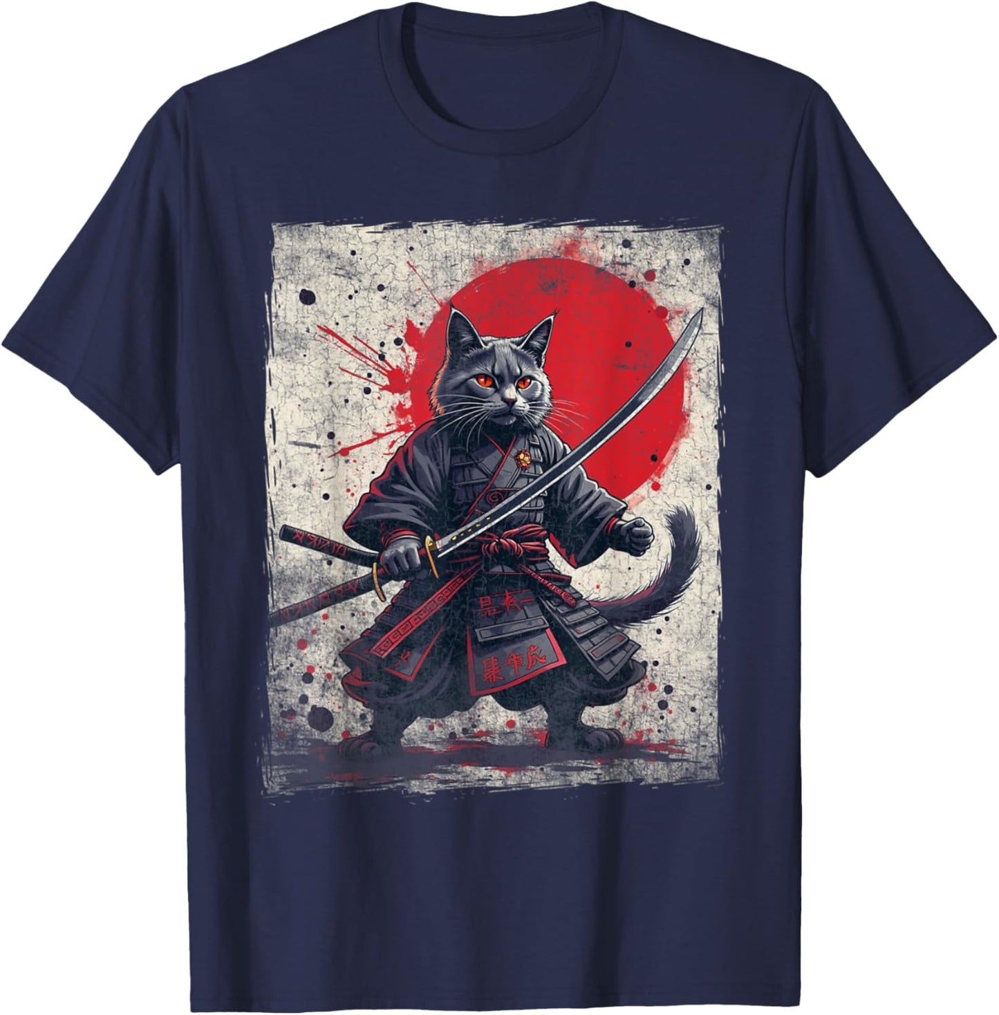 Samurai Cat Ukiyo-e Warrior Art Vintage Ninja Cat Graphic Women Kids T-Shirt - T-Shirt | Navy
