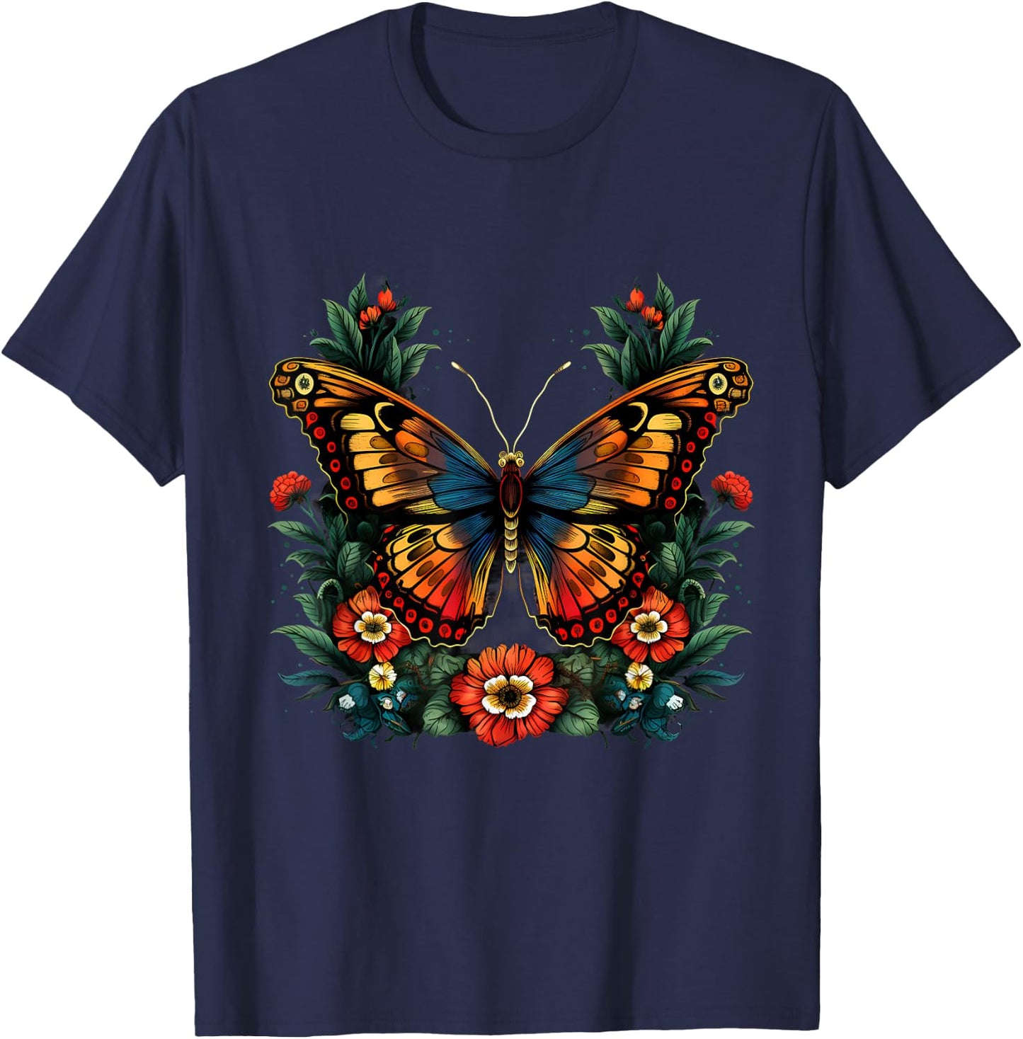 Butterfly Flower Artwork Floral Animal Art Nature Wildlife T-Shirt - T-Shirt | Navy