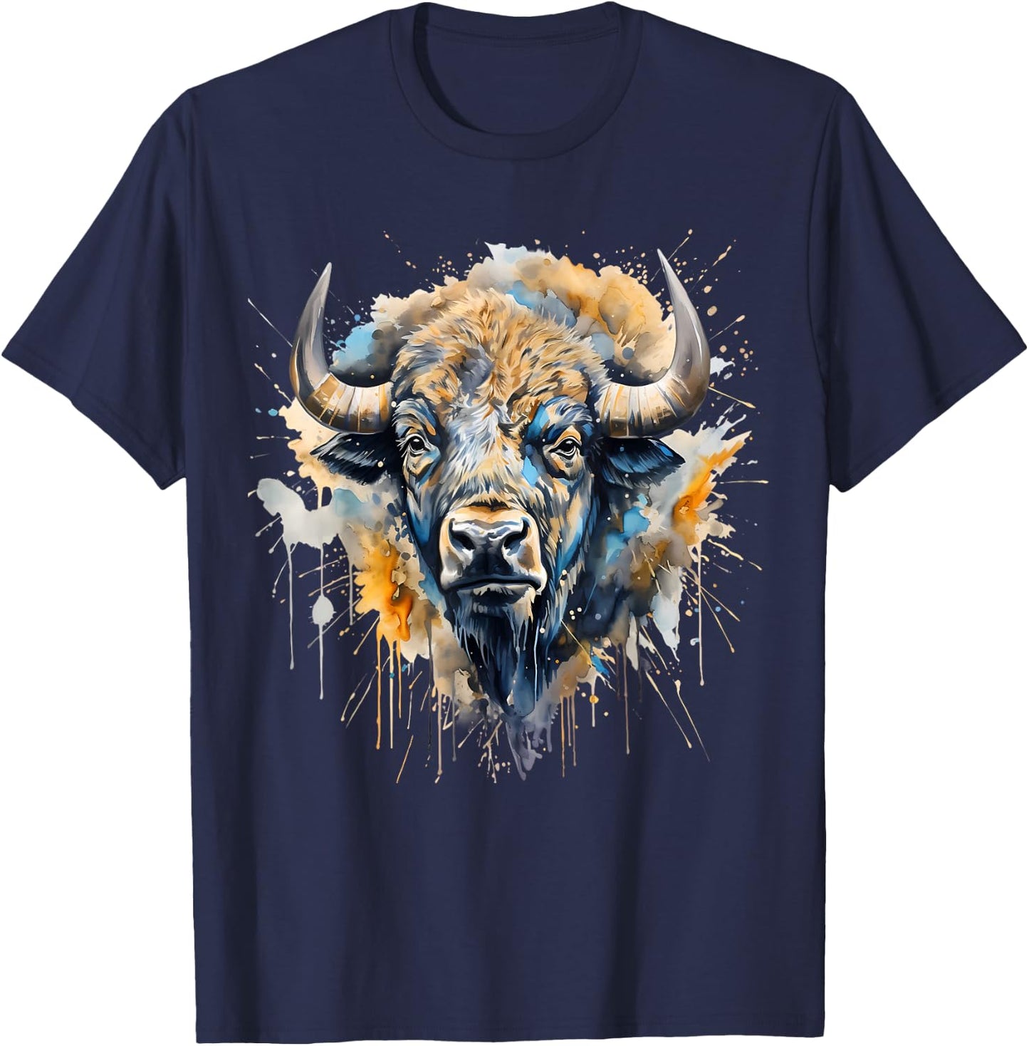 Buffalo Portrait Colorful Splash Artwork Wildlife Bison T-Shirt - T-Shirt | Navy