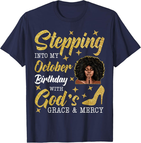 Stepping Into October Birthday Afro Curly Black Women Girl T-Shirt - T-Shirt | Navy