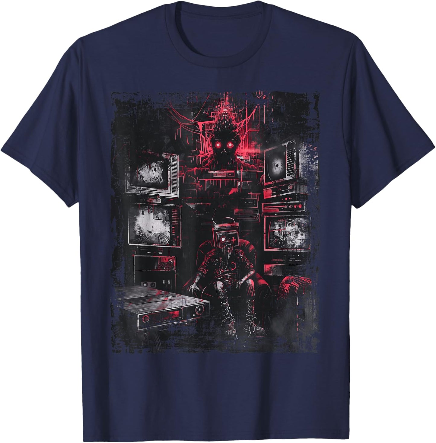 Television Weirdcore Glitchcore Mask Digital Horror Grunge T-Shirt - T-Shirt | Navy