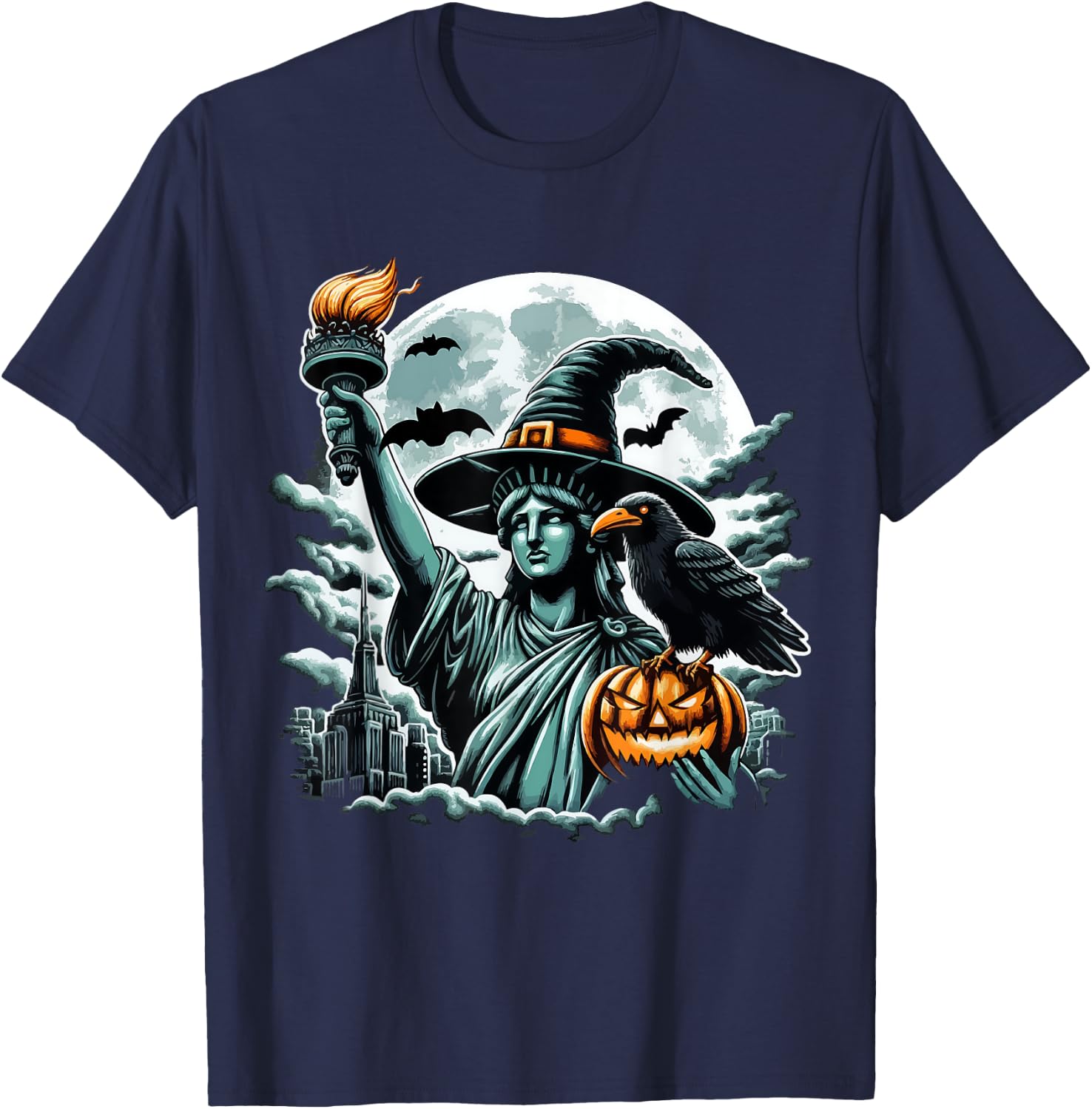 Statue of Liberty Witch Hat Halloween Spooky Feminist Funny T-Shirt - T-Shirt | Navy