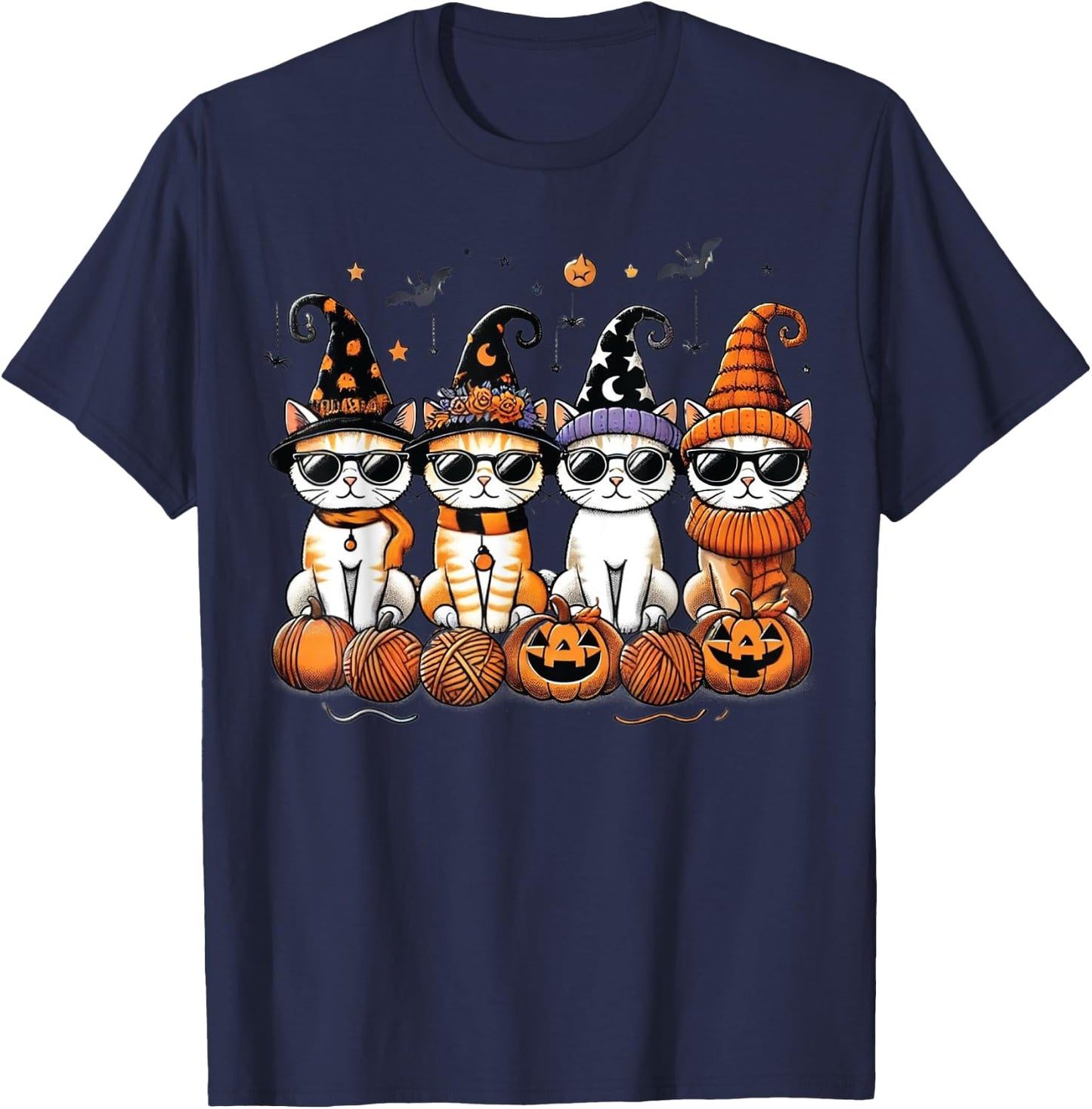 Cute Cats Witch Hat Funny Halloween Pumpkin Women Girls T-Shirt - T-Shirt | Navy