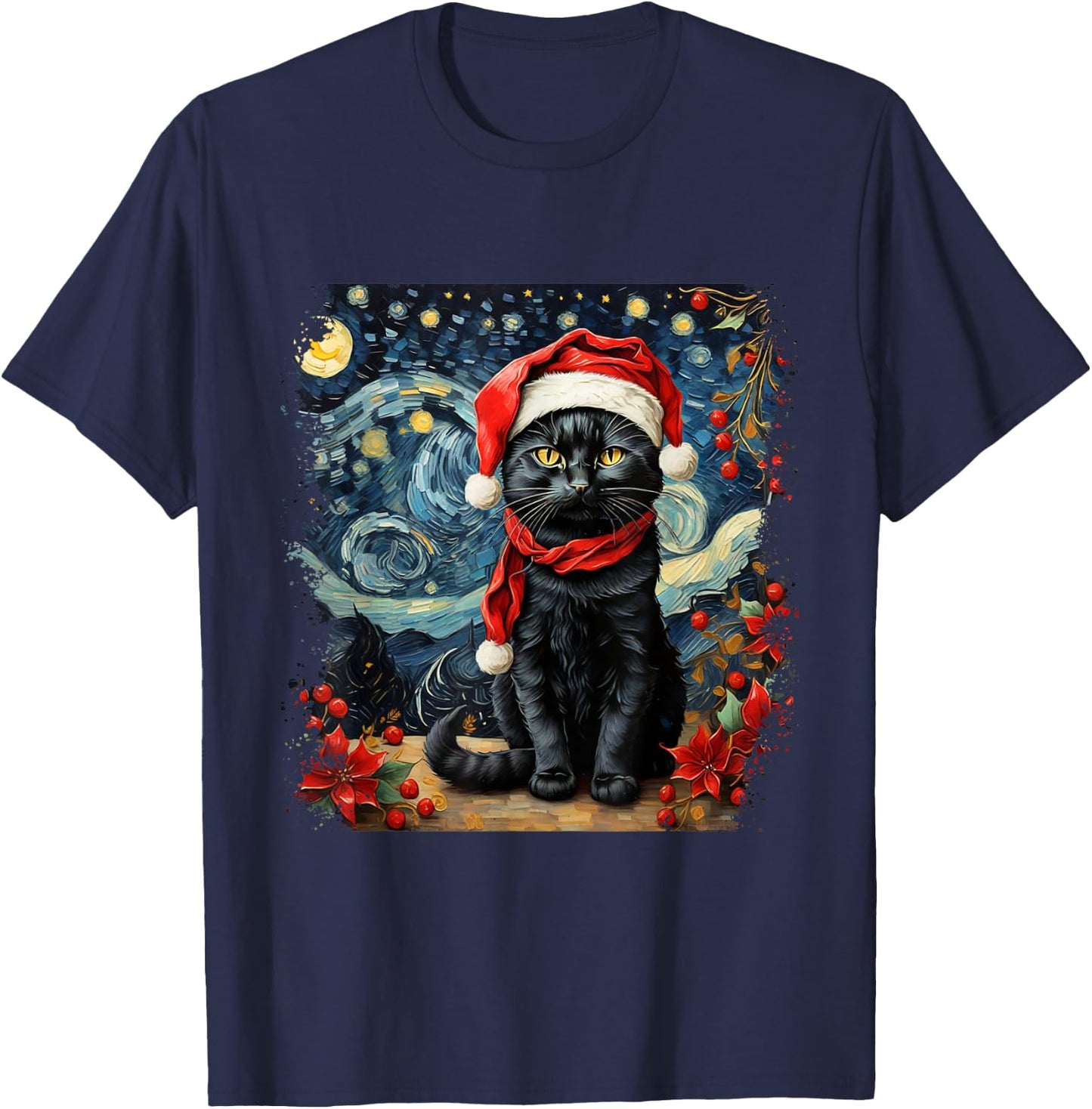 Van Gogh Starry Night Cat Funny Cat Christmas T-Shirt - T-Shirt | Navy