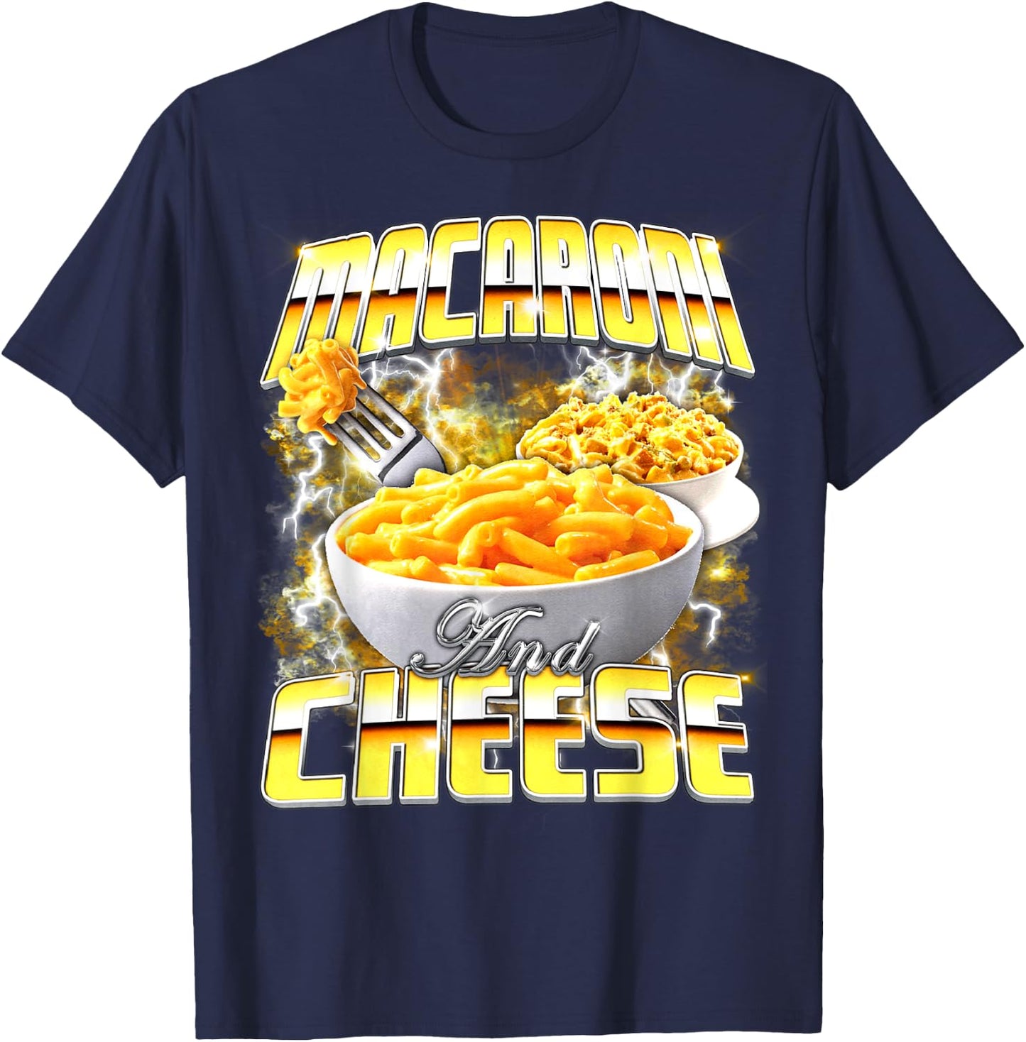 Macaroni and Cheese Meme Bootleg Rap Style 90s Vintage Funny T-Shirt - T-Shirt | Navy