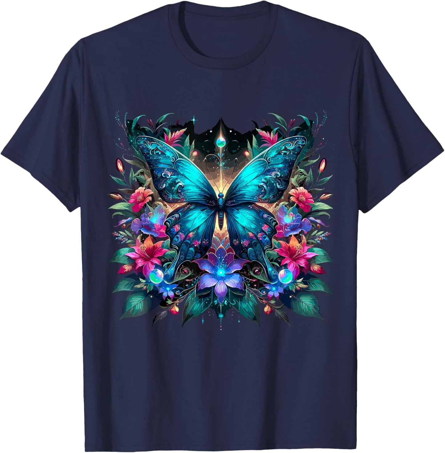 Magical Butterfly and Flowers T-Shirt - T-Shirt | Navy