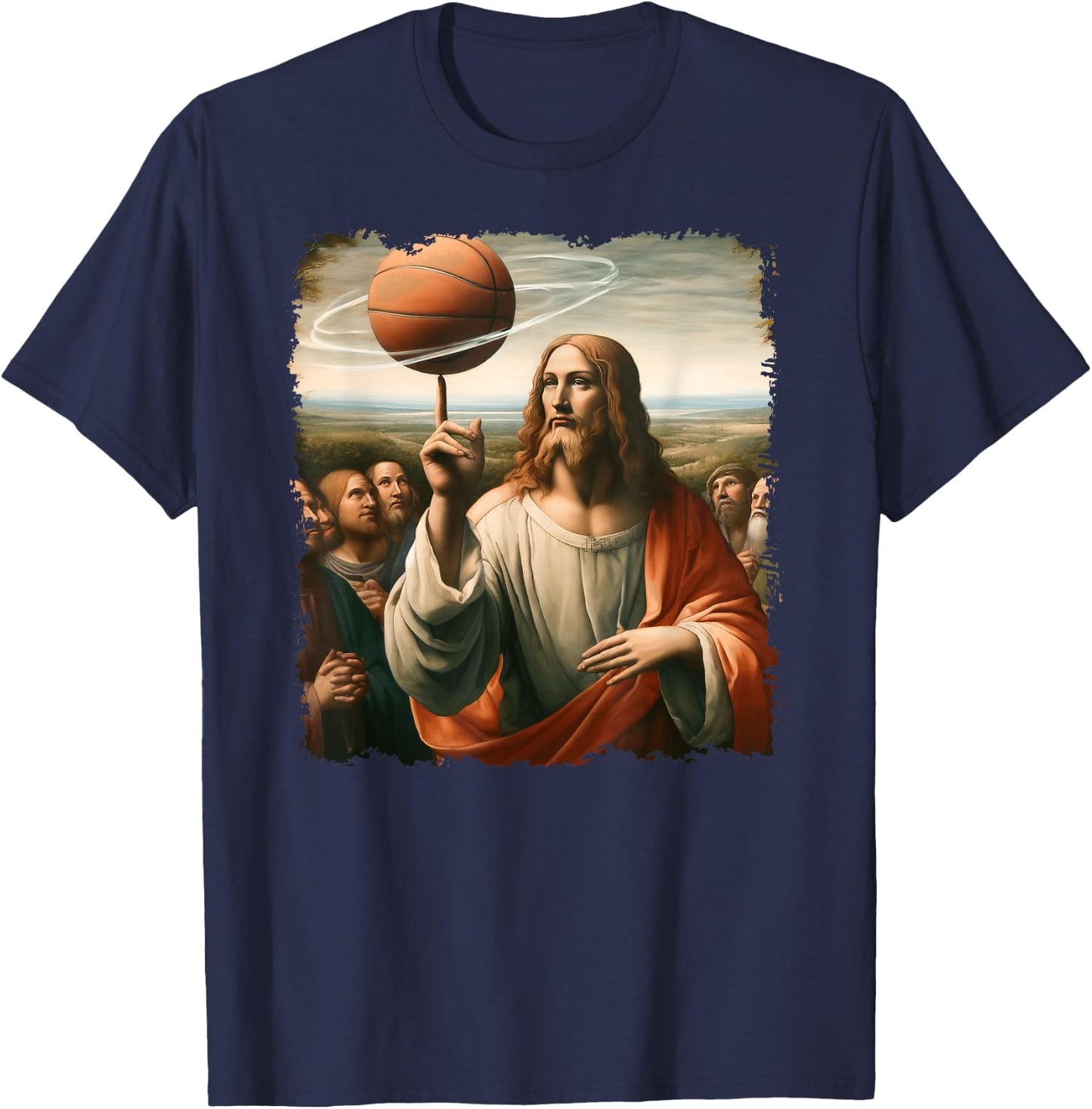 Jesus Spin A Basketball Painting, Christian Basketball T-Shirt - T-Shirt | Navy