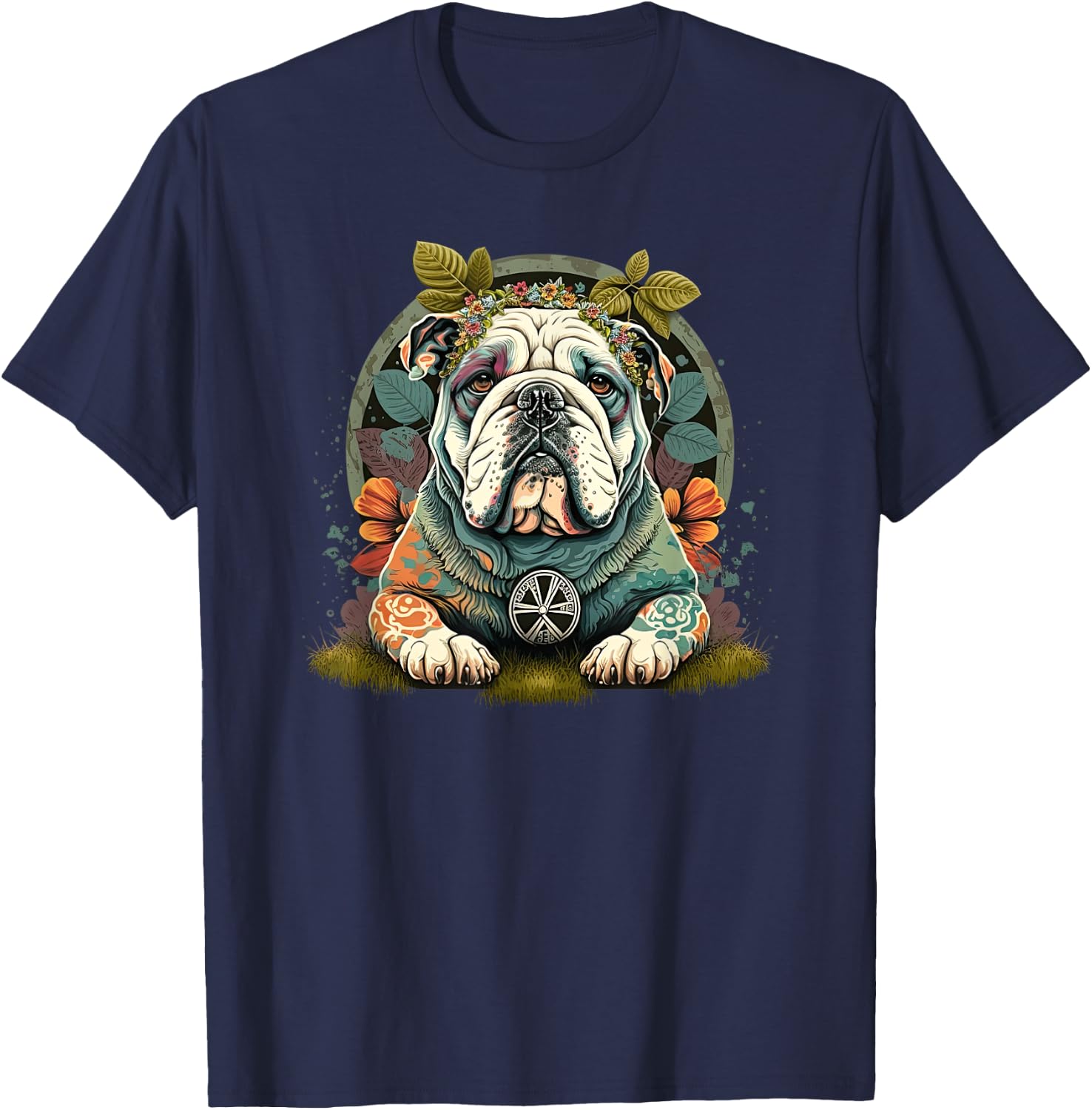 Funny Bulldog Dog Hippie T-Shirt - T-Shirt | Navy