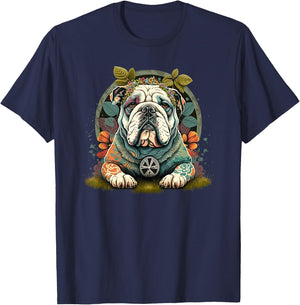 Funny Bulldog Dog Hippie T-Shirt - T-Shirt | Navy