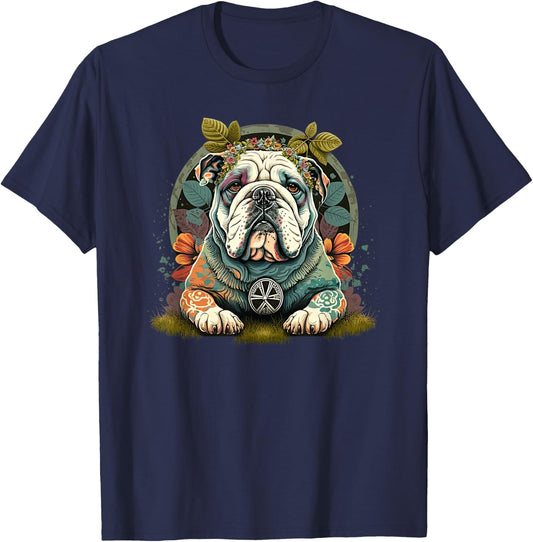 Funny Bulldog Dog Hippie T-Shirt - T-Shirt | Navy
