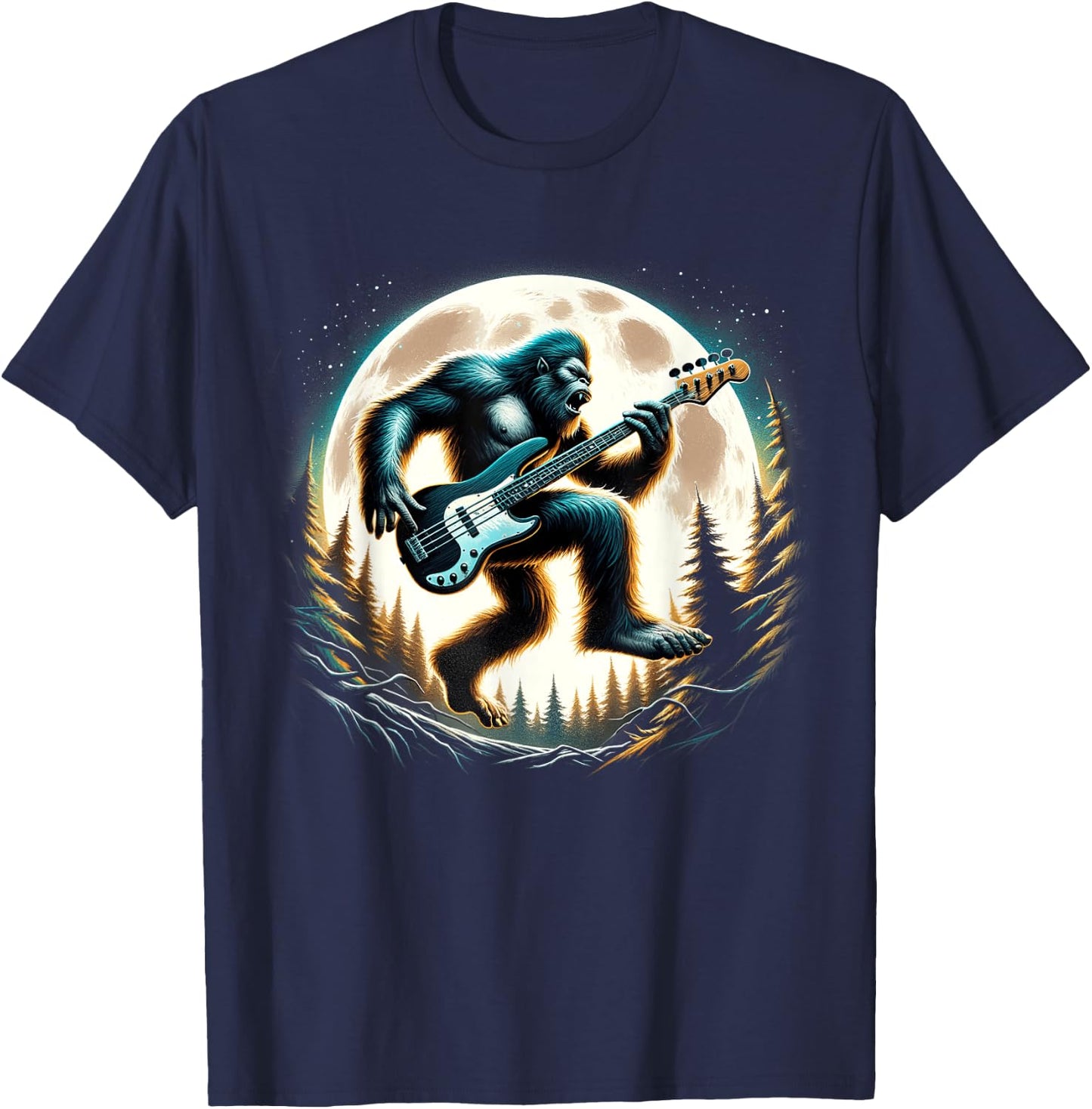 Sasquatch Bigfoot Playing Bass Guitar Full Moon Rockstar T-Shirt - T-Shirt | Navy