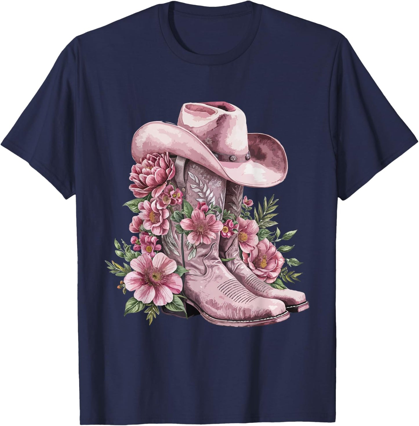 Watercolor Cowgirl Floral Boots Hat Western Boots Boho Women T-Shirt - T-Shirt | Navy