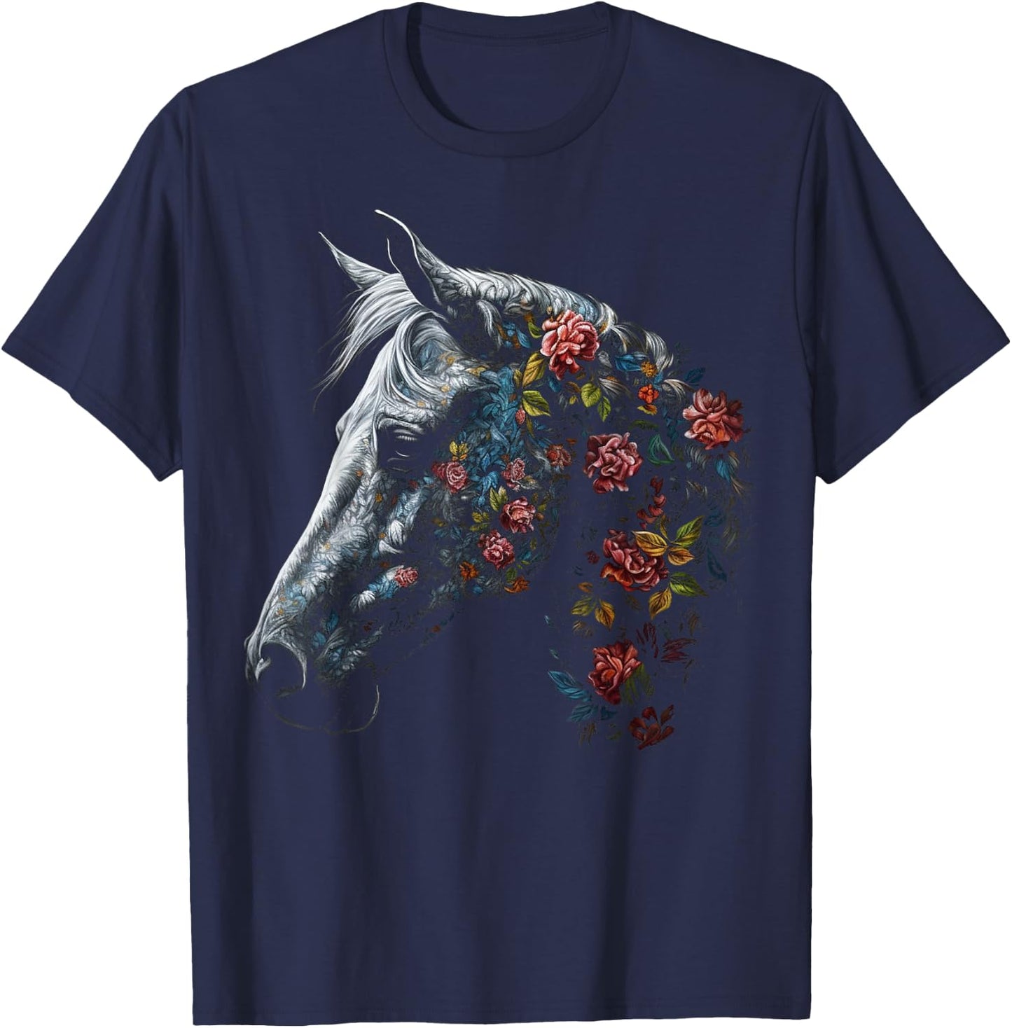 Horse Art Flowers - Horse Motif Riding Animals Horse T-Shirt - T-Shirt | Navy