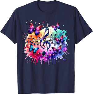 Colorful Music Notes Butterflies Musician Art Music Teacher Men Women Kids T-Shirt - T-Shirt | Navy