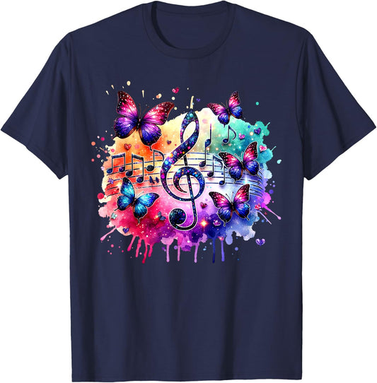Colorful Music Notes Butterflies Musician Art Music Teacher Men Women Kids T-Shirt - T-Shirt | Navy