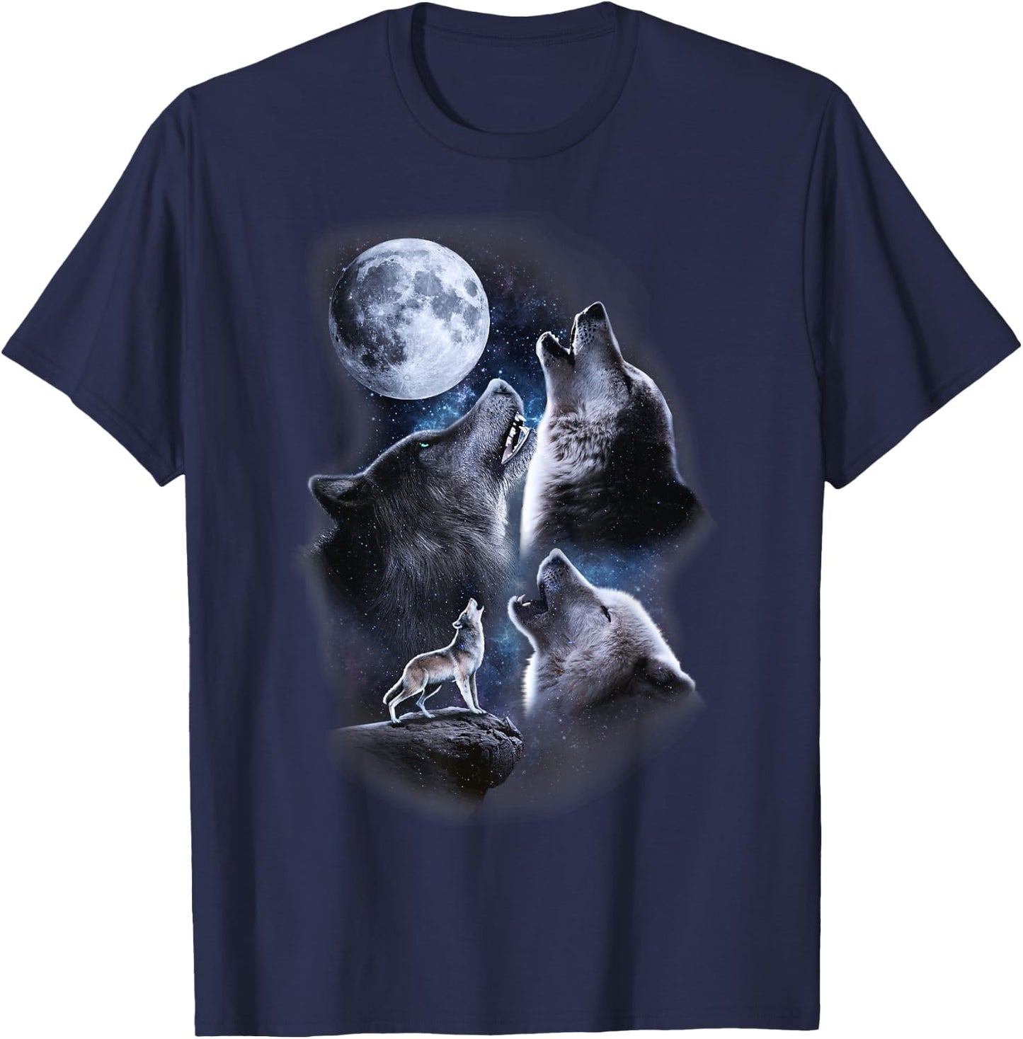 Howling wolves in the full moon moonlight with starry sky T-Shirt - T-Shirt | Navy