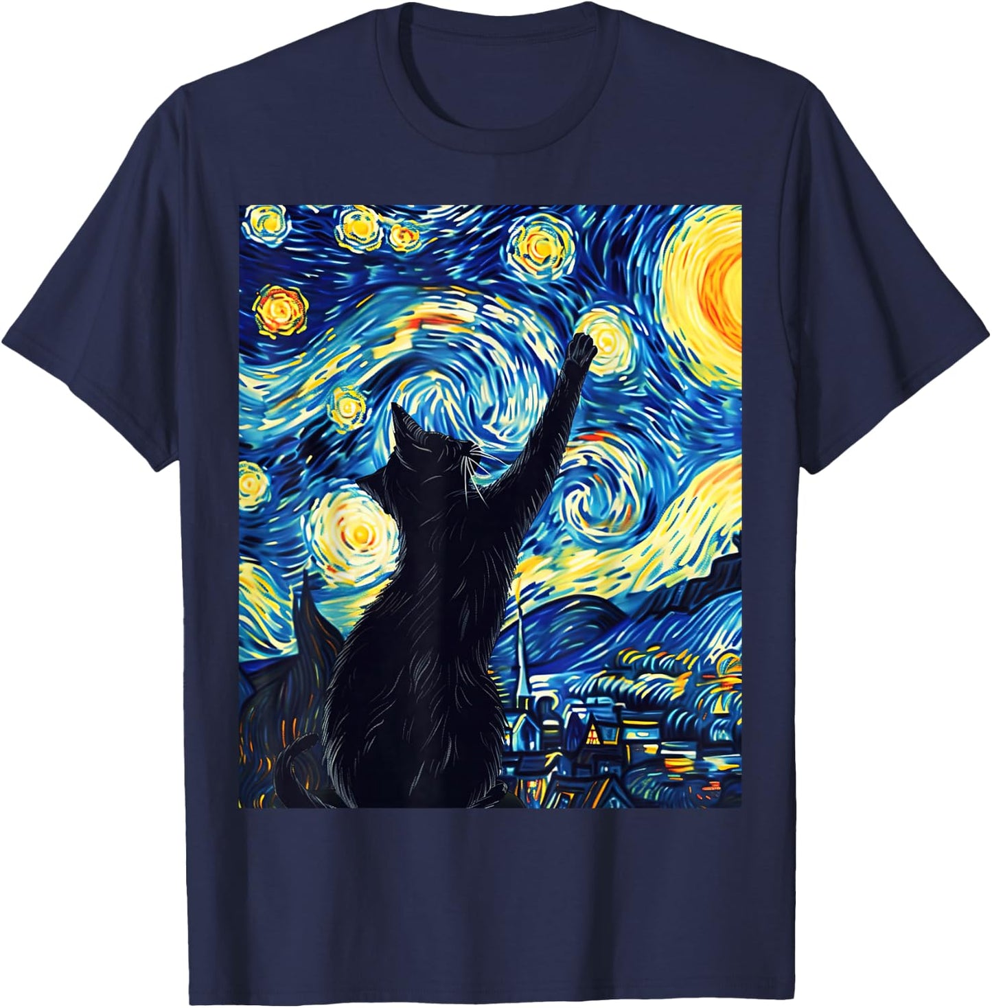Van Gogh Style Starry Night Cute Cat Art T-Shirt - T-Shirt | Navy
