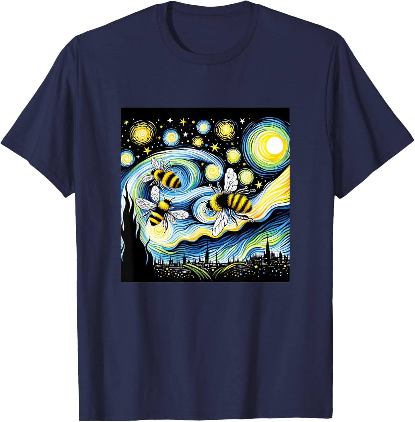 Bee Van Gogh Starry Night Art Painting Vintage T-Shirt - T-Shirt | Navy