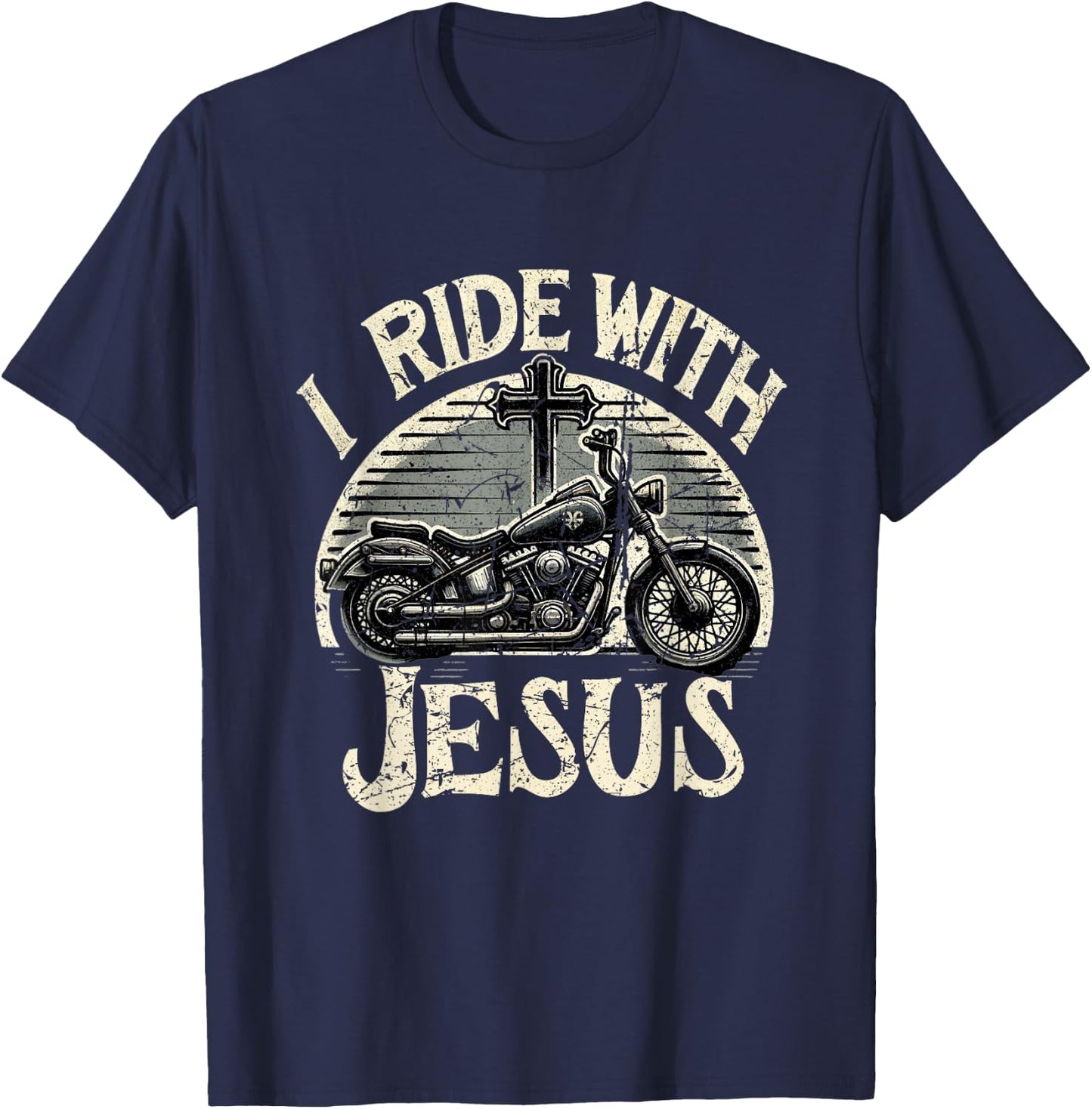 Vintage I Ride With Jesus Motorcycle Christian T-Shirt - T-Shirt | Navy