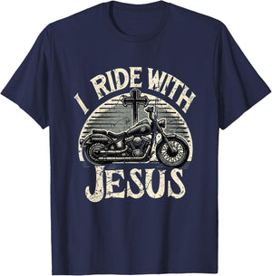 Vintage I Ride With Jesus Motorcycle Christian T-Shirt - T-Shirt | Navy
