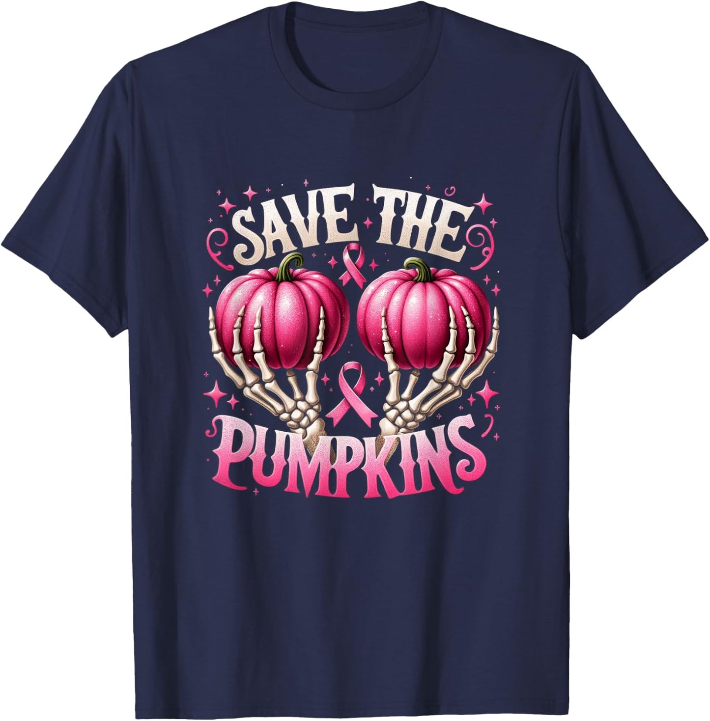 Save The Pumpkins Breast Cancer Awareness Skeleton Halloween T-Shirt - T-Shirt | Navy