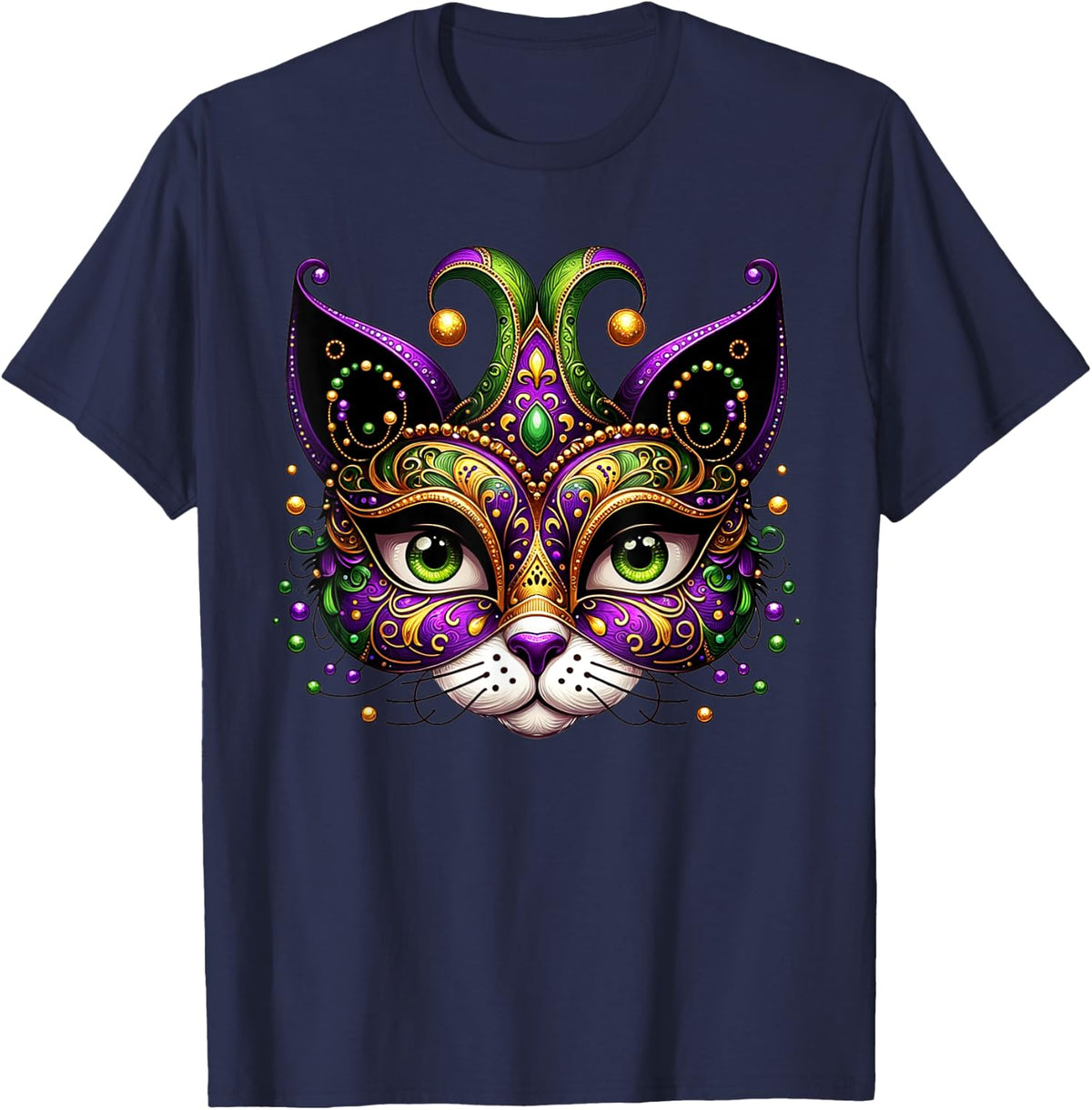 Meowdy Gras Cat Kitten Masquerade Mardi Gras Beads Women T-Shirt - T-Shirt | Navy