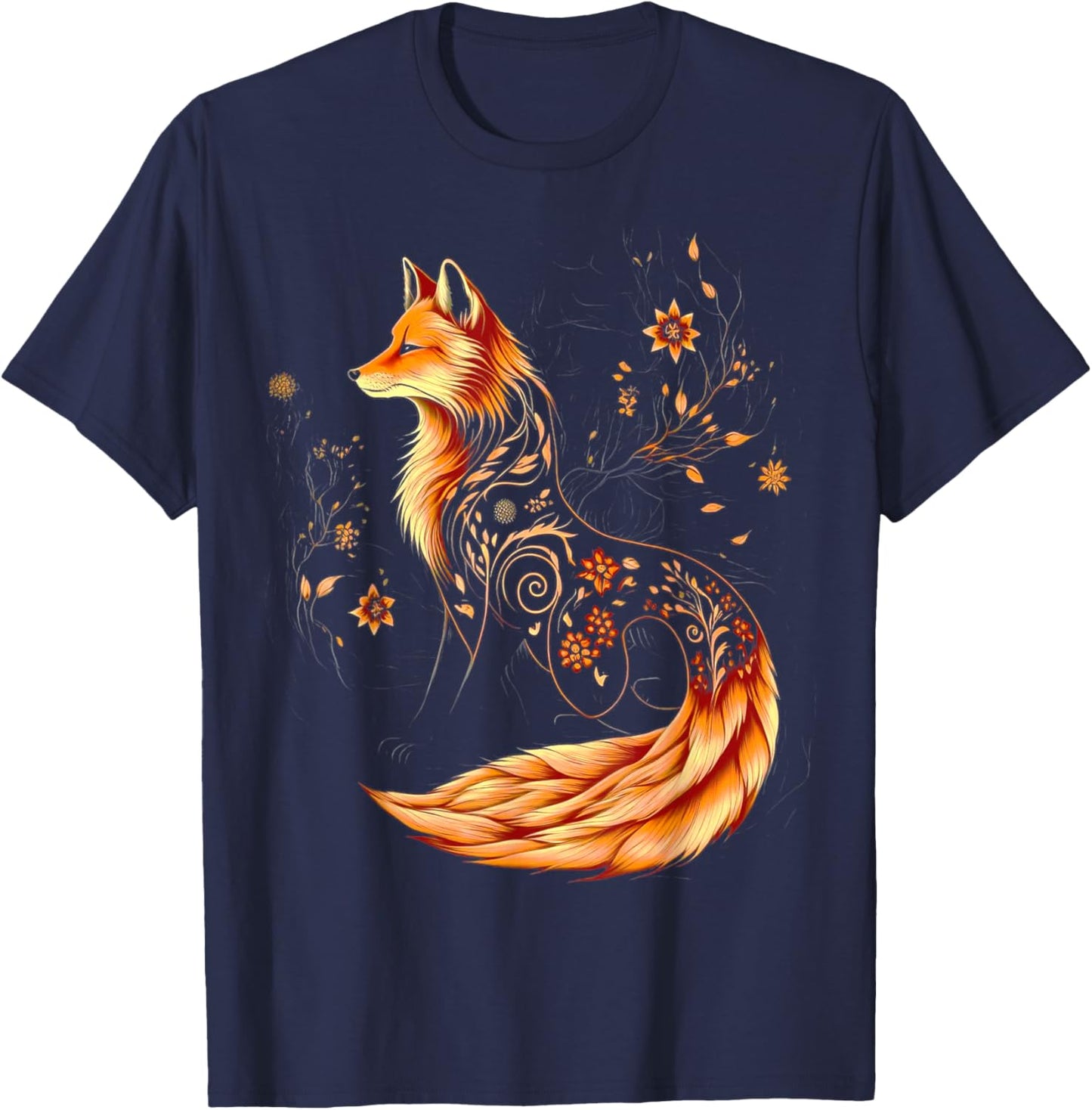 Floral Fox Flowers Art Fox in Autumn - Fall Fox T-Shirt - T-Shirt | Navy