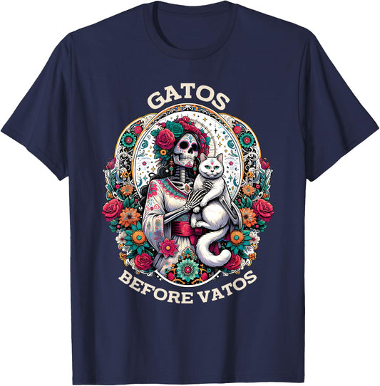 Gatos Before Vatos Tarot Card Skeleton Cat Mexican Fiesta T-Shirt - T-Shirt | Navy