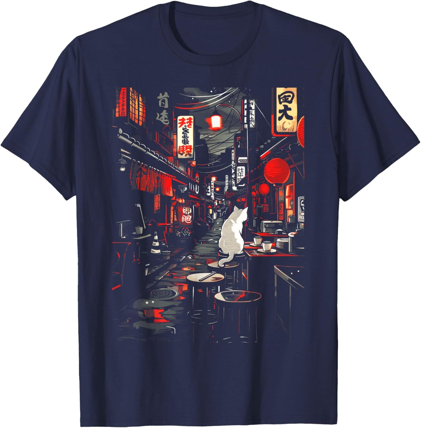 Japanese City Vintage Cat Sushi Japanese street Men Women T-Shirt - T-Shirt | Navy