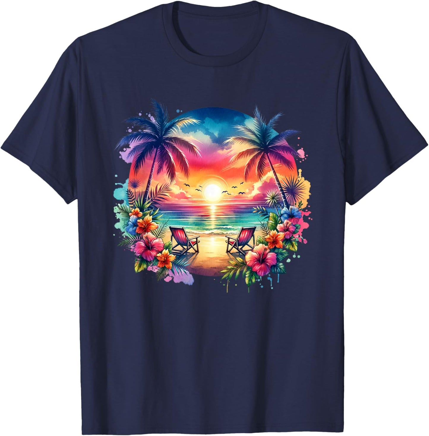 Tropical Island Beach Wave Sunset Scene T-Shirt - T-Shirt | Navy