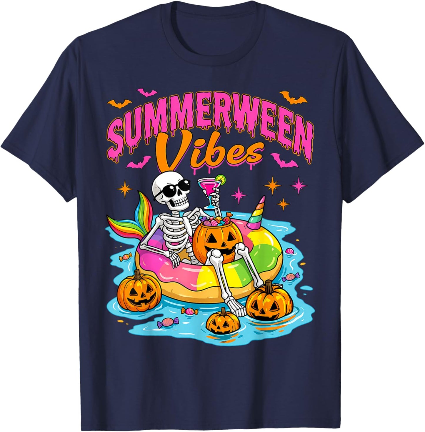 Summerween Funny Skeletons Halloween Floating Pool Pumpkin T-Shirt - T-Shirt | Navy